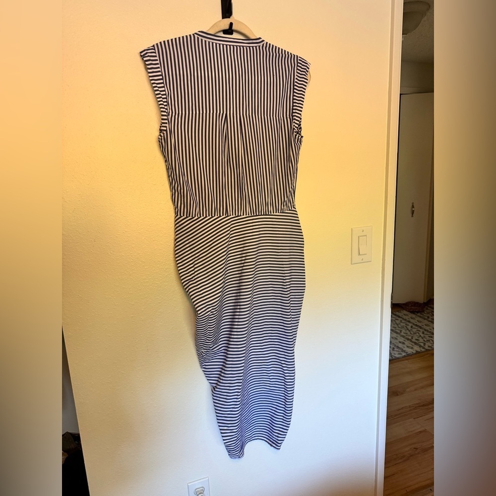Veronica Beard Ruched Striped Cotton Shirt Dress Sleeveless Size 10 Blue EUC - Picture 11 of 13